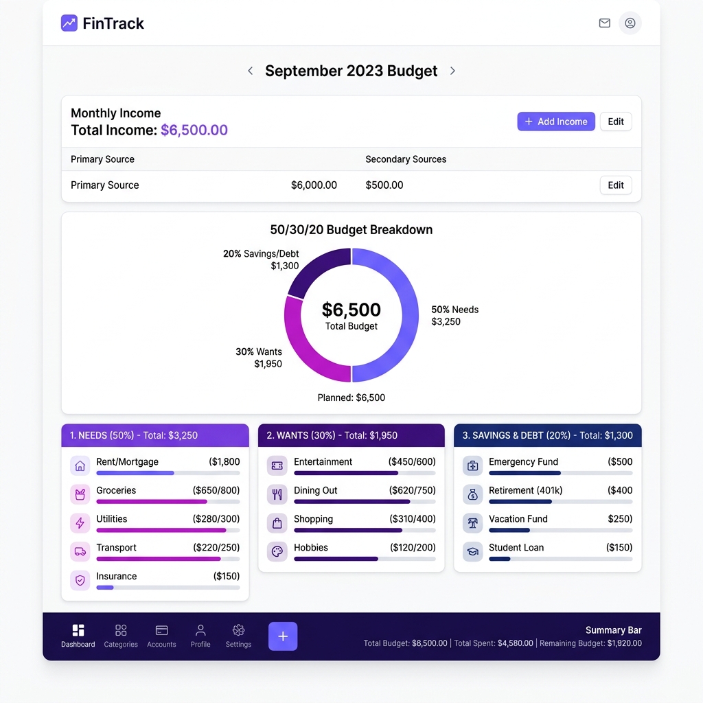 SHADER7 Budget Calculator showing 50/30/20 allocation with donut chart and category breakdown