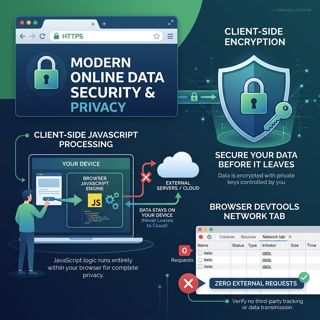 Data security illustration showing client-side JavaScript processing with HTTPS encryption and zero external data transfers