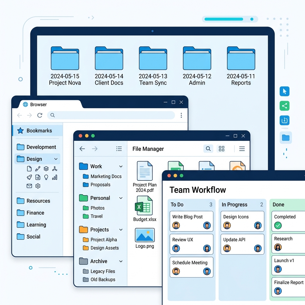 Well-organized digital workspace with structured folders, color-coded categories, and task management board