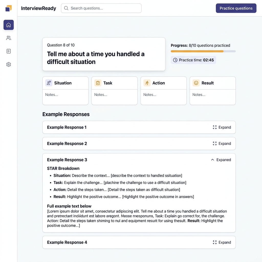 Interview preparation tool showing STAR method framework with practice questions and timer