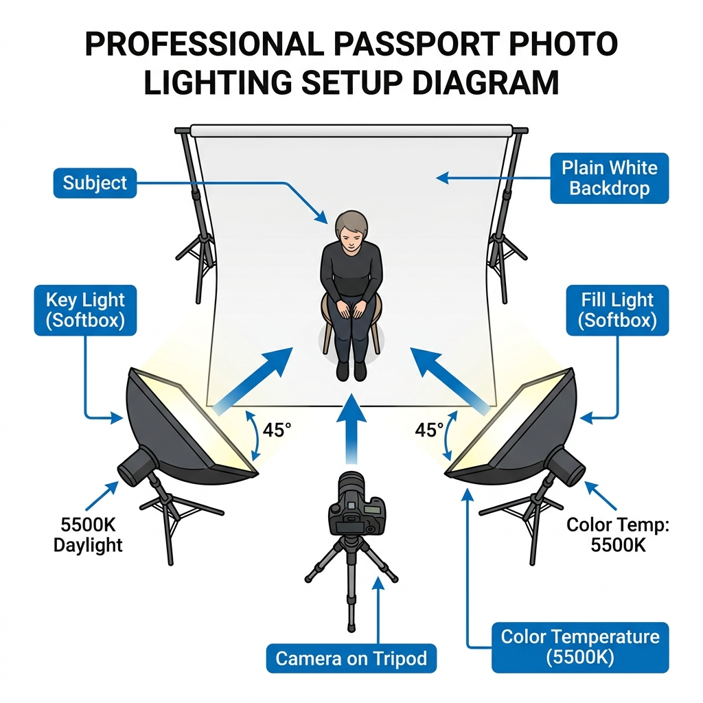 Professional passport photo lighting setup diagram showing key light, fill light, and backdrop positioning