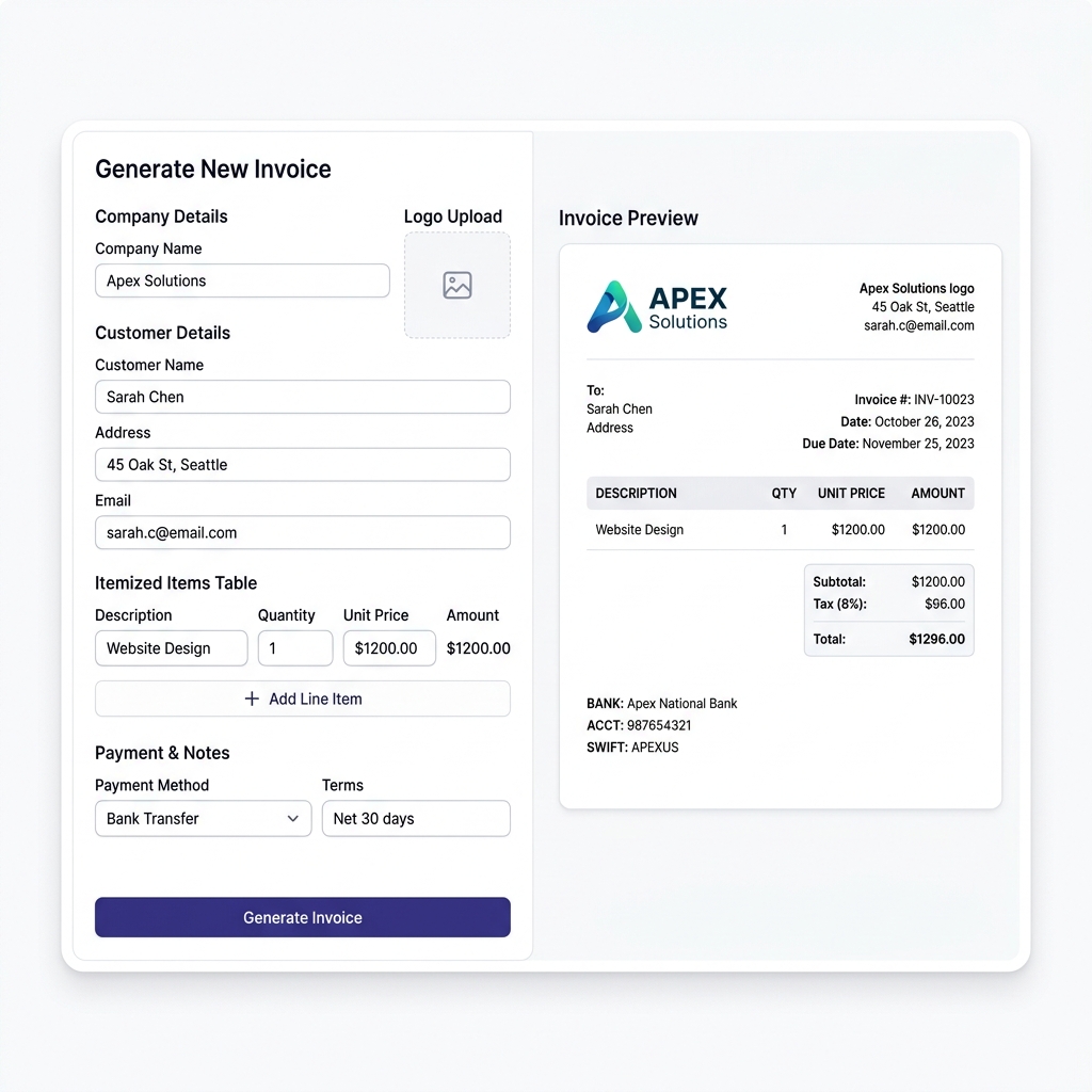SHADER7 Receipt Pro generator showing form fields and live professional receipt preview