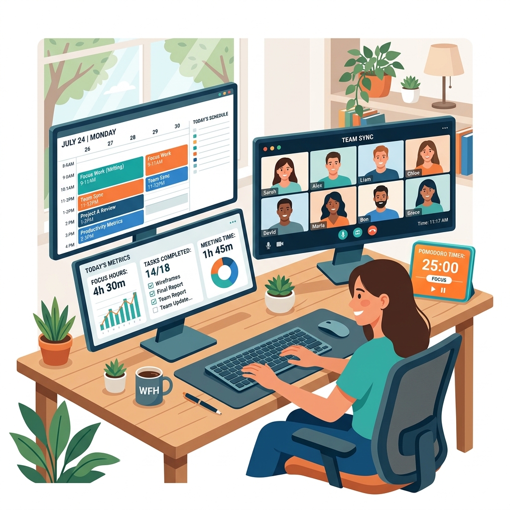 Remote work productivity setup showing time-blocked calendar, Pomodoro timer, and productivity metrics dashboard