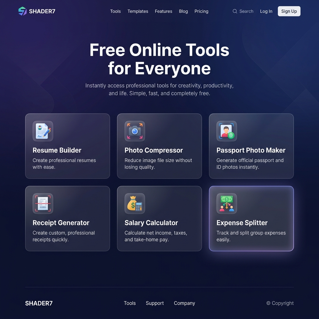 SHADER7 platform homepage showing the complete suite of free online tools