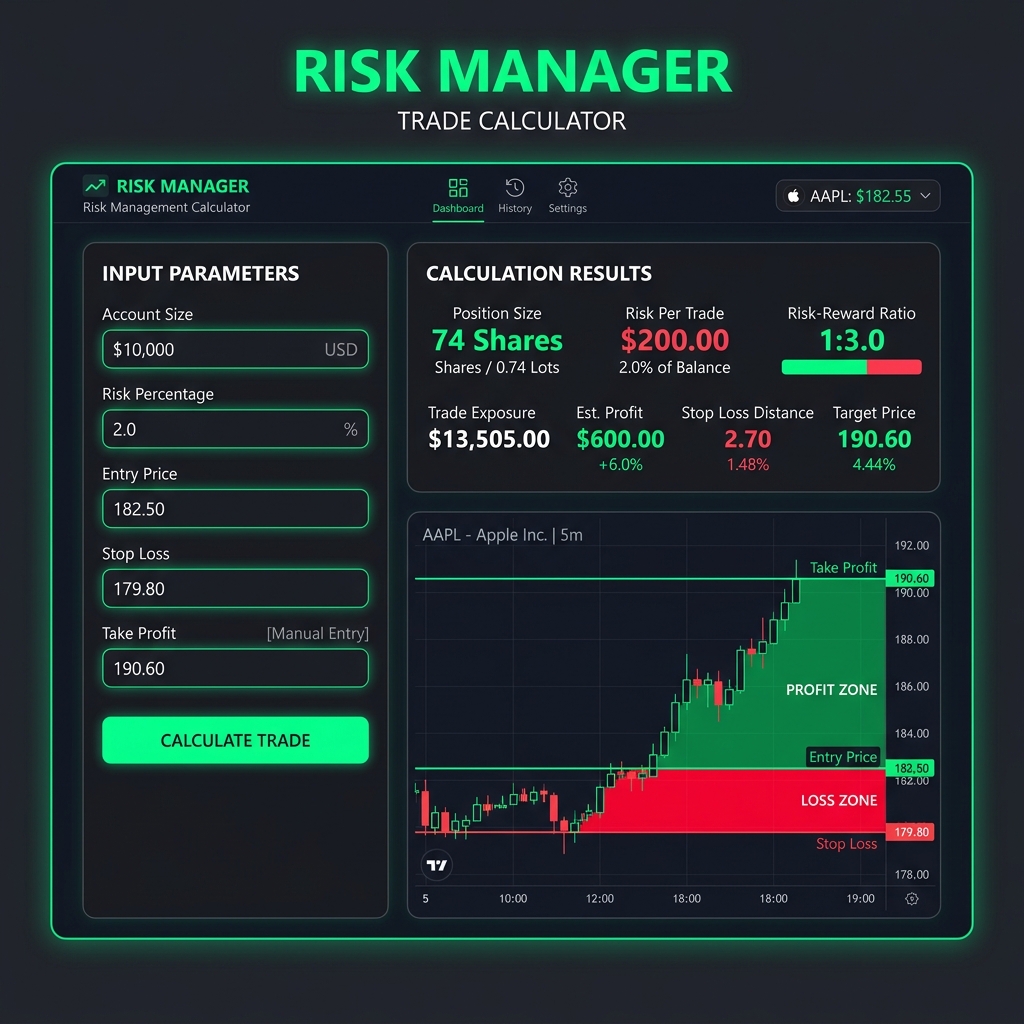 Trading risk management calculator showing position size, stop loss, and risk-reward ratio calculations